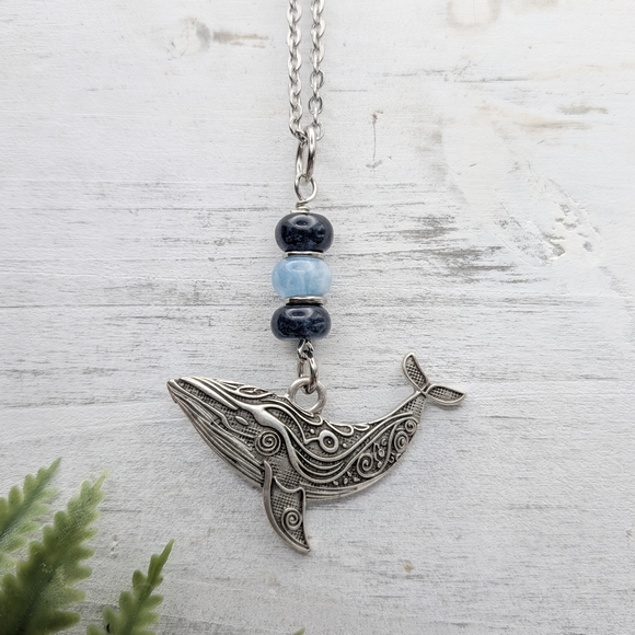 Silver Whale Pendant Necklace with Blue Accents - Picture 5 of 5